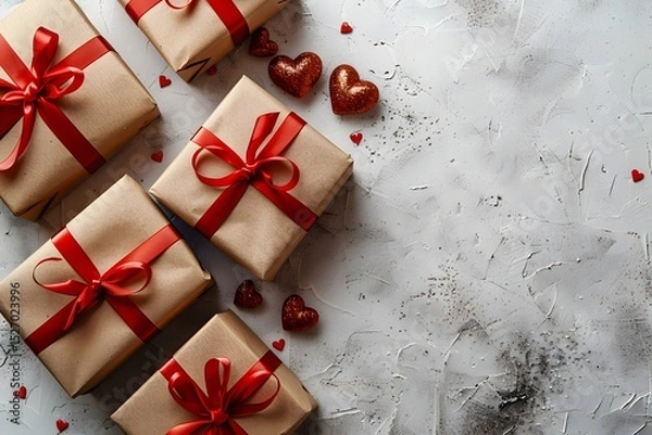 Obraz Romantic gift boxes with red ribbons and heart decorations on textured gray background, perfect for Valentine’s Day, anniversaries, romantic celebrations, or holiday promotions

