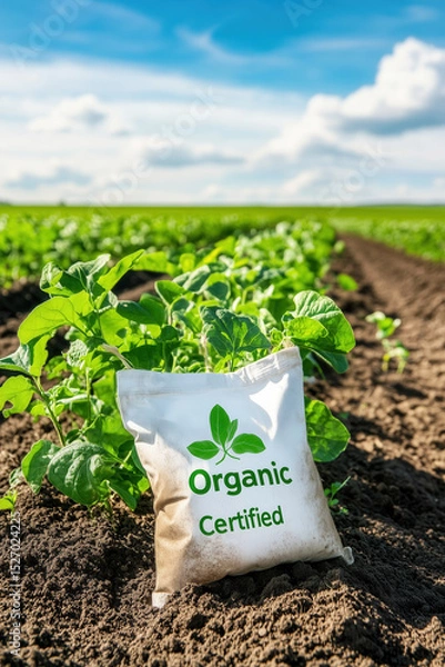 Fototapeta Organic certified fertilizer bag rests beside vibrant green crops in well-tilled soil. Bright sky enhances serene setting. Concept of sustainable agriculture, eco-friendly practices, soil health
