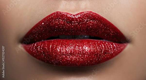 Obraz Red Glitter Lips Close-Up on Smooth Skin 