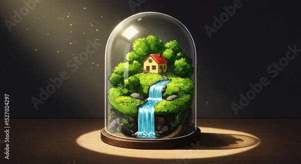 Obraz Miniature landscape with house and waterfall inside a glass dome Illustration