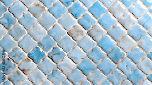 Obraz Textured ceramic wall with blue and white mosaic tiles in a quatrefoil pattern, glossy handcrafted surface ideal for backgrounds, interior design, or architectural decoration


