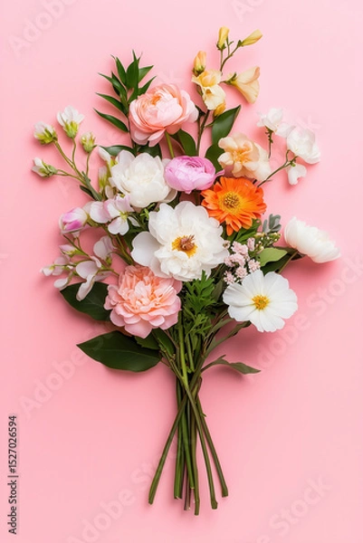 Fototapeta Fresh flowers arranged in a minimalist bouquet with vibrant colors on a soft pink background. Concept of floral design, gift giving, event planning