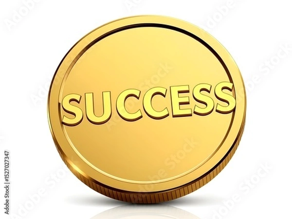 Fototapeta Golden coin with bold reflective "SUCCESS" lettering symbolizing prosperity, achievement, wealth, and victory in a sleek, gleaming design