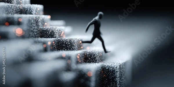 Fototapeta Silhouette of person running down abstract digital stairs made of glowing particles in futuristic environment