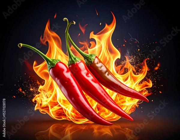 Fototapeta Hot red chilis on fire, black backdrop. AI