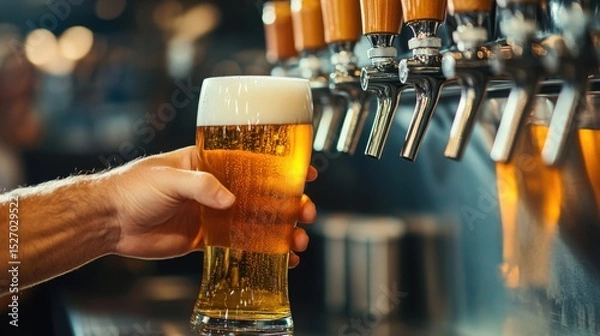 Obraz A poured glass of golden draft beer highlights the experience of enjoying a cold beverage; the atmosphere is engaging and vibrant with a focus on the beer's refreshment.