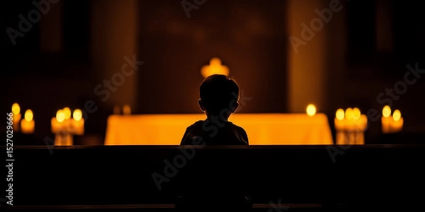 Obraz Child Sitting in a Candlelit Church Engaging in Prayer and Reflection
