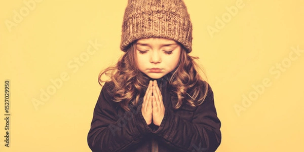 Obraz Young Child in Prayer Wearing Winter Hat with Peaceful Expression