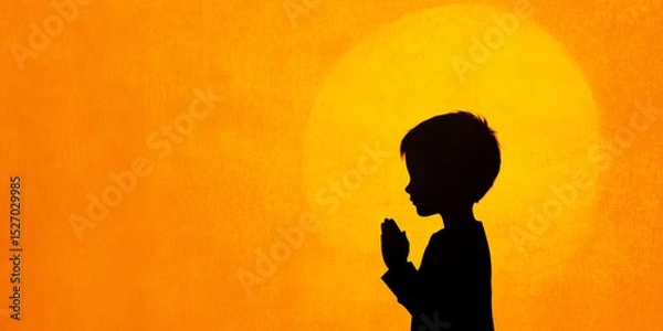 Obraz Silhouette of a Child Praying Towards a Bright Sunset Background