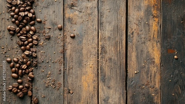 Obraz This close-up image showcases a rustic wooden table with scattered coffee beans and grounds, emphasizing the organic texture and rich colors of the coffee experience.