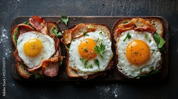 Obraz A beautiful presentation of three toasts topped with sunny-side-up eggs, crispy bacon strips, and fresh greens, perfect for a satisfying breakfast or brunch experience.