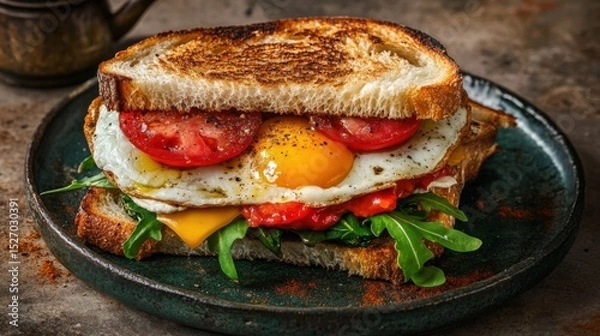 Obraz A savory sandwich featuring a perfectly fried egg, cheese slices, and fresh tomatoes layered between two slices of golden toasted bread, ready for a delicious meal.