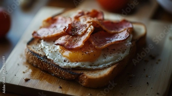 Obraz A mouthwatering slice of toasted bread topped with a perfectly fried egg and crispy bacon, showcasing a delightful morning meal that appeals to breakfast lovers everywhere.