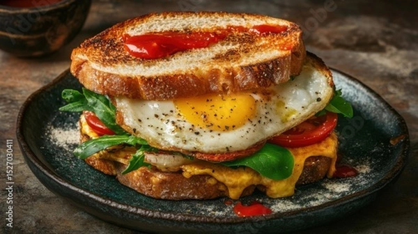 Obraz A delectable sandwich featuring a sunny-side-up egg, fresh spinach, and a drizzle of ketchup on toasted bread, creating a delightful fusion of flavors for breakfast enthusiasts.