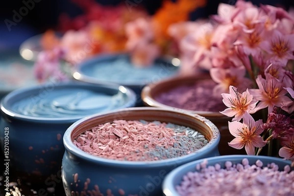 Obraz An artistic spread of various colored powders with cherry blossoms in the background, highlighting the creative and vibrant interplay of colors and nature's beauty.