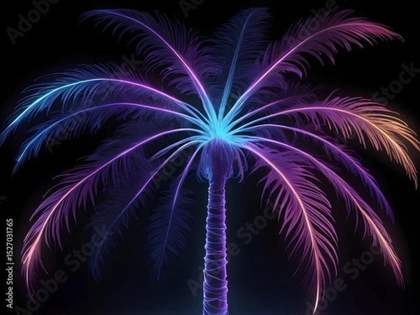 Fototapeta Ethereal glowing palm tree with neon-lit fronds in purple, blue, and green on black background, rendered in electrography Kirlian style art for mystical botanical imagery