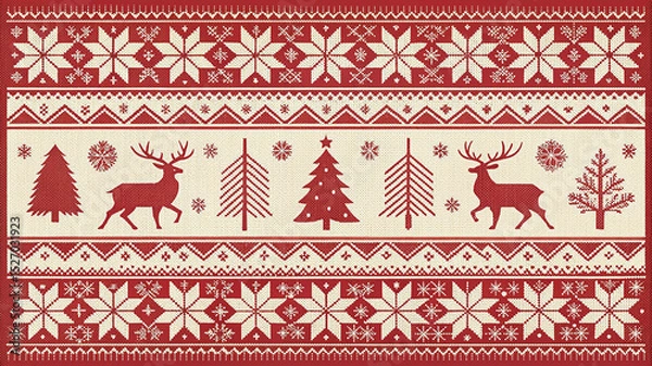Fototapeta Festive knitted pattern design featuring reindeer christmas trees and snowflake elements for holiday season