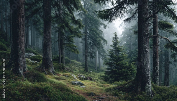 Fototapeta Misty forest with tall evergreen trees