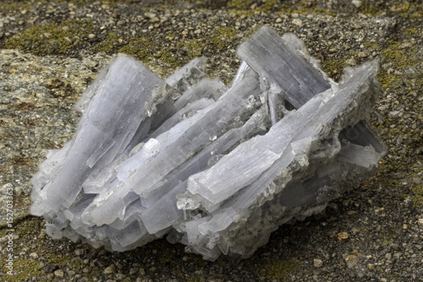 Fototapeta Macro shot of natural cyanite mineral showing parallel, elongated crystals with a distinctive fibrous structure and pale blue-gray color, perfect for geology, science, or educational media purposes
