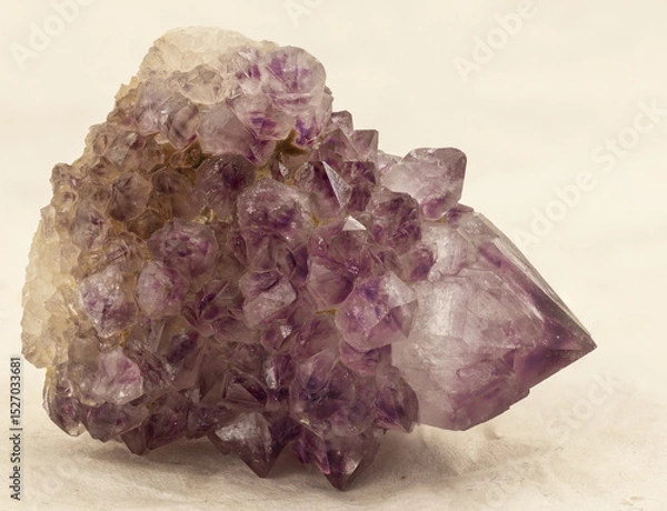 Fototapeta Macro shot of a raw amethyst crystal featuring vibrant violet terminations and detailed faces. A perfect natural specimen for mineral collectors, gem enthusiasts, and educational or spiritual purposes