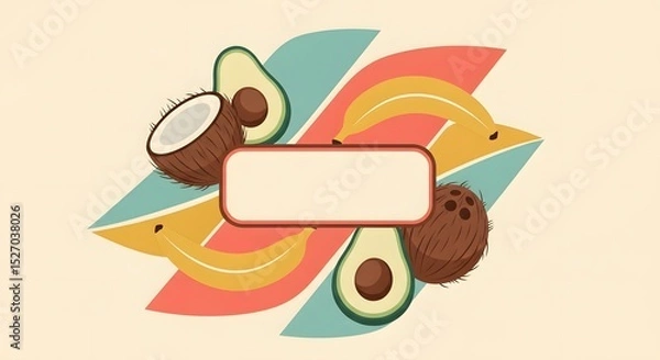 Fototapeta Tropical Fruit Label Frame with Coconut and Avocado