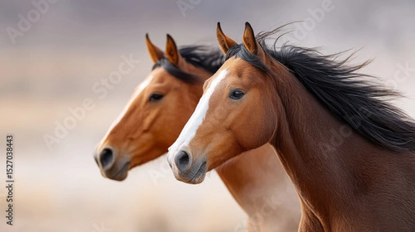 Obraz Dynamic racing horses galloping side by side in a vibrant outdoor setting