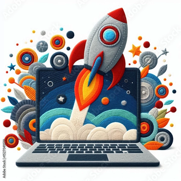 Fototapeta Felt art patchwork, Sleek rocket blasting off from an open laptop screen, symbolizing a startup launch, innovative business concept and the dynamic initiation of a new entrepreneurial venture