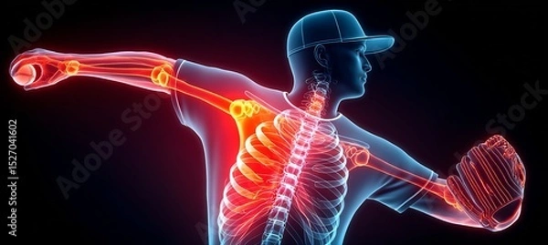 Obraz Male baseball pitcher mid throw with an X ray effect showing a rotator cuff tear in the right shoulder the torn tendon area illuminated in red