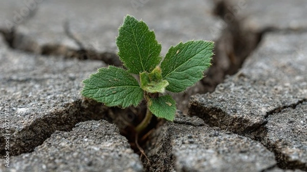 Fototapeta Resilient sprout emerging from cracked ground, embodying growth and hope. Life finds a way, demonstrating nature's strength. A beacon of renewal and perseverance.