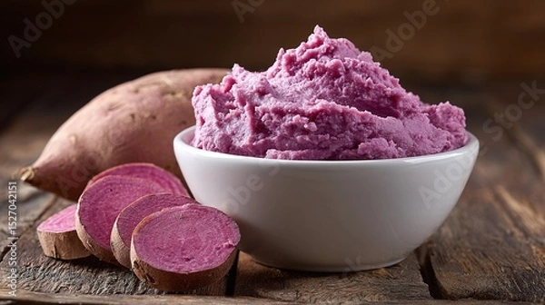 Fototapeta Delicious mashed purple sweet potato in a bowl, served with slices and a whole potato on a rustic wooden table. Healthy vegan treat! #sweetpotato