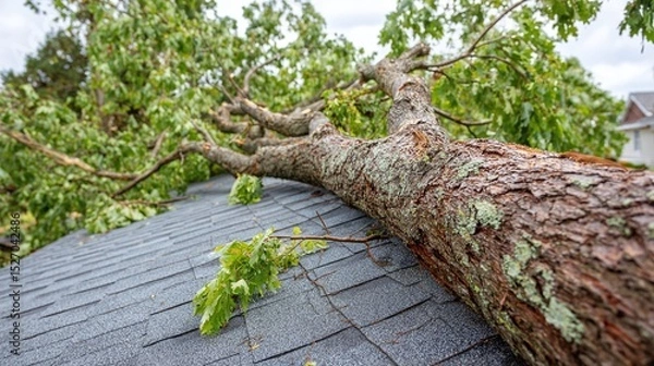 Fototapeta Fallen tree on a residential roof, a symbol of destruction after a storm or natural disaster. Damaged property with a heavy tree on top of shingles.