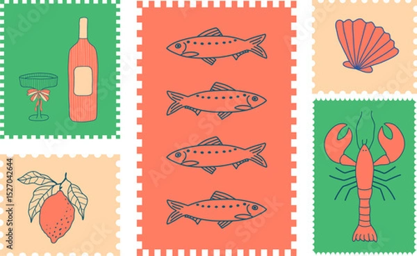 Obraz Summer postcard from Italy with lemon, vine, sardines, lobster. Retro travel stamp illustration. Vintage Italian holiday design. Vector seaside background.
