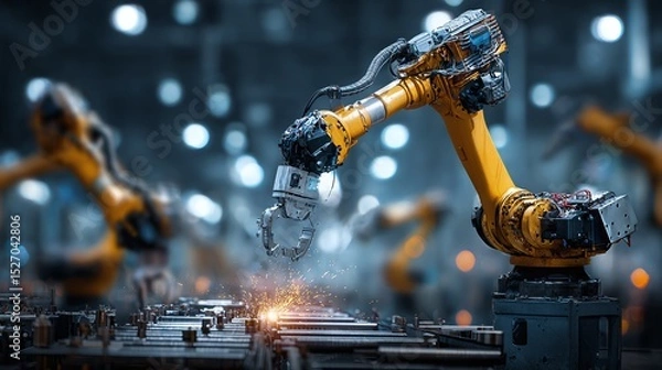 Fototapeta Robotic arm welds metal in automated factory setting, showcasing advanced industrial automation and precision engineering. Sparks fly during the process.