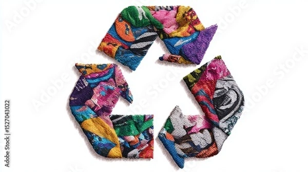 Fototapeta Recycle Symbol Crafted from Colorful Textile Scraps, promoting eco-consciousness, sustainability, artistic reuse of materials and environmental responsibility.