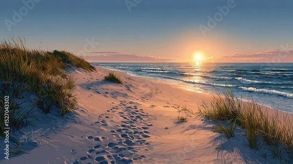 Fototapeta Beach at Sunset: A serene coastal scene capturing the sun setting over the ocean, casting a warm glow on the sandy beach and gentle waves.