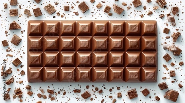 Fototapeta Delicious milk chocolate bar with breakable squares surrounded by scattered chocolate chunks on a white background. A sweet treat for any occasion.