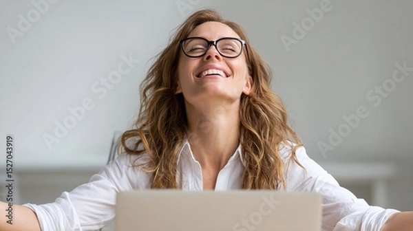 Fototapeta Woman Experiencing Joy: A woman with glasses leans back, eyes closed, and a joyful smile expresses relief and happiness after completing a task.