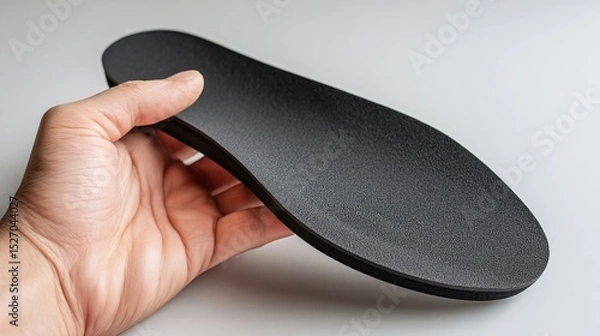 Fototapeta Hand holding a black shoe insole. Orthopedic support for footwear, enhancing comfort and fit. Provides cushioning and arch support for daily use.