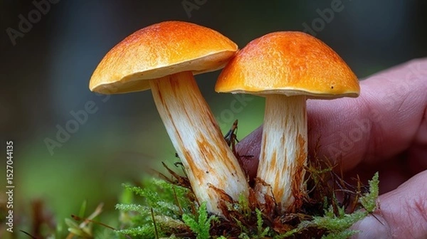 Fototapeta Close-up of two mushrooms with bright orange caps, nestled among green moss and held by a hand. The mushrooms display intricate textures on their stems.