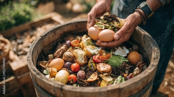 Fototapeta Composting: A person adds food scraps and organic waste to a wooden compost bin for recycling and soil enrichment in a garden setting.