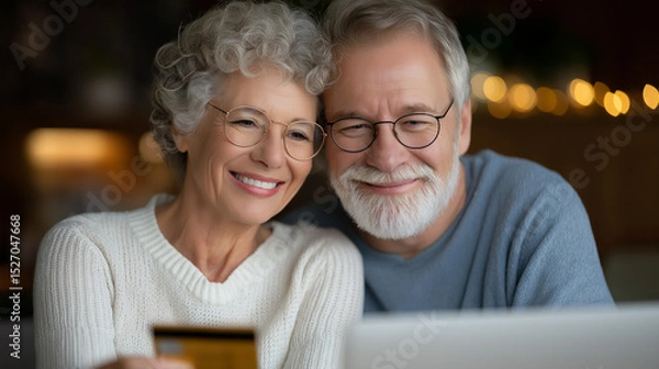 Obraz Senior couple paying bills online securely at home