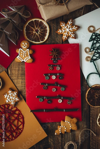 Obraz Handmade Christmas card with artisan buttons, wooden branches on craft recycled paper. Sustainable lifestyle, zero waste, children's gift. Family time, leisure activity, holiday recreation. Flat lay
