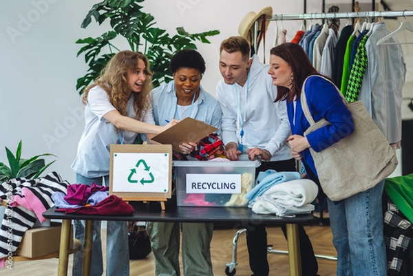 Obraz Group of volunteers, young women and man, sorting clothes in charitable foundation for charity donation, recycling. Concept of textile pollution, conscious consumption. Ecology, sustainable lifestyle
