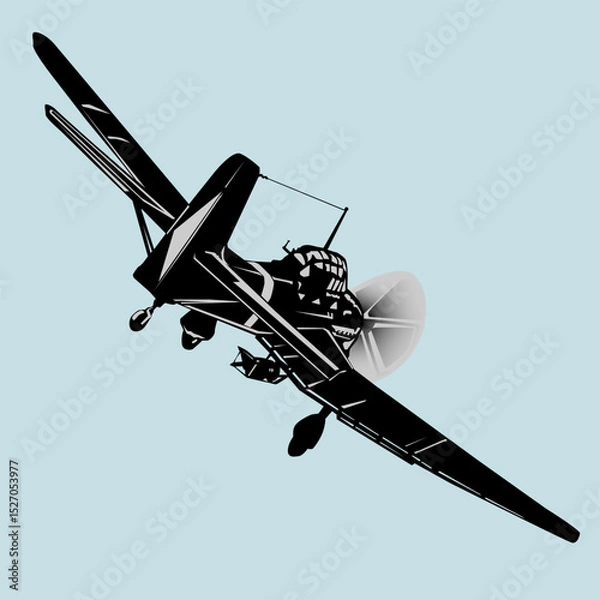 Obraz 
Attack aircraft of the Second World War with a propeller. Black silhouette on a white background. Vector illustration. Eps 10. For the design of your designs in military style.