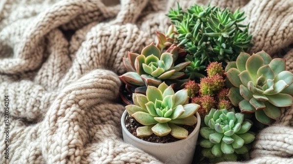 Fototapeta Group of succulents in small pots arranged on a knitted throw.