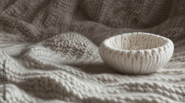 Fototapeta Knitted bowl resting on a textured knitted blanket.