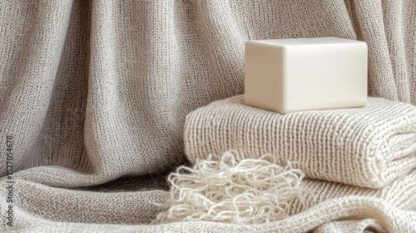 Fototapeta Knitted blankets and a block of soap on a draped fabric background.