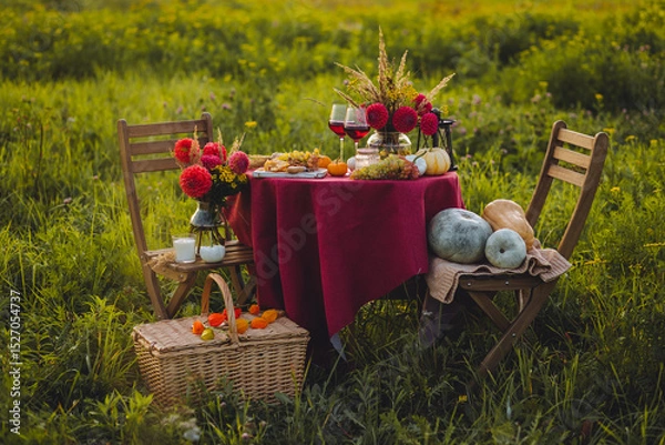 Obraz Beautiful decorated candlelight fall dinner, covered with a red tablecloth with flowers, pumpkins, candles, wine glasses. Outdoor in field near the forest in nature. Wedding banquet, sunset, evening
