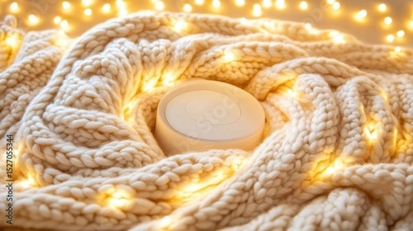 Fototapeta Soft, cream-colored knitted fabric draped around a round, light-colored object, adorned with warm, golden fairy lights.