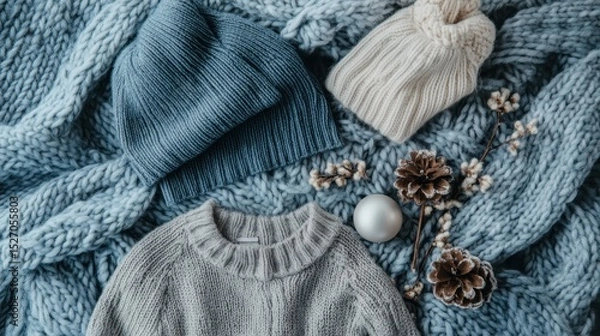 Fototapeta Knitted sweaters and hats on a textured blanket.